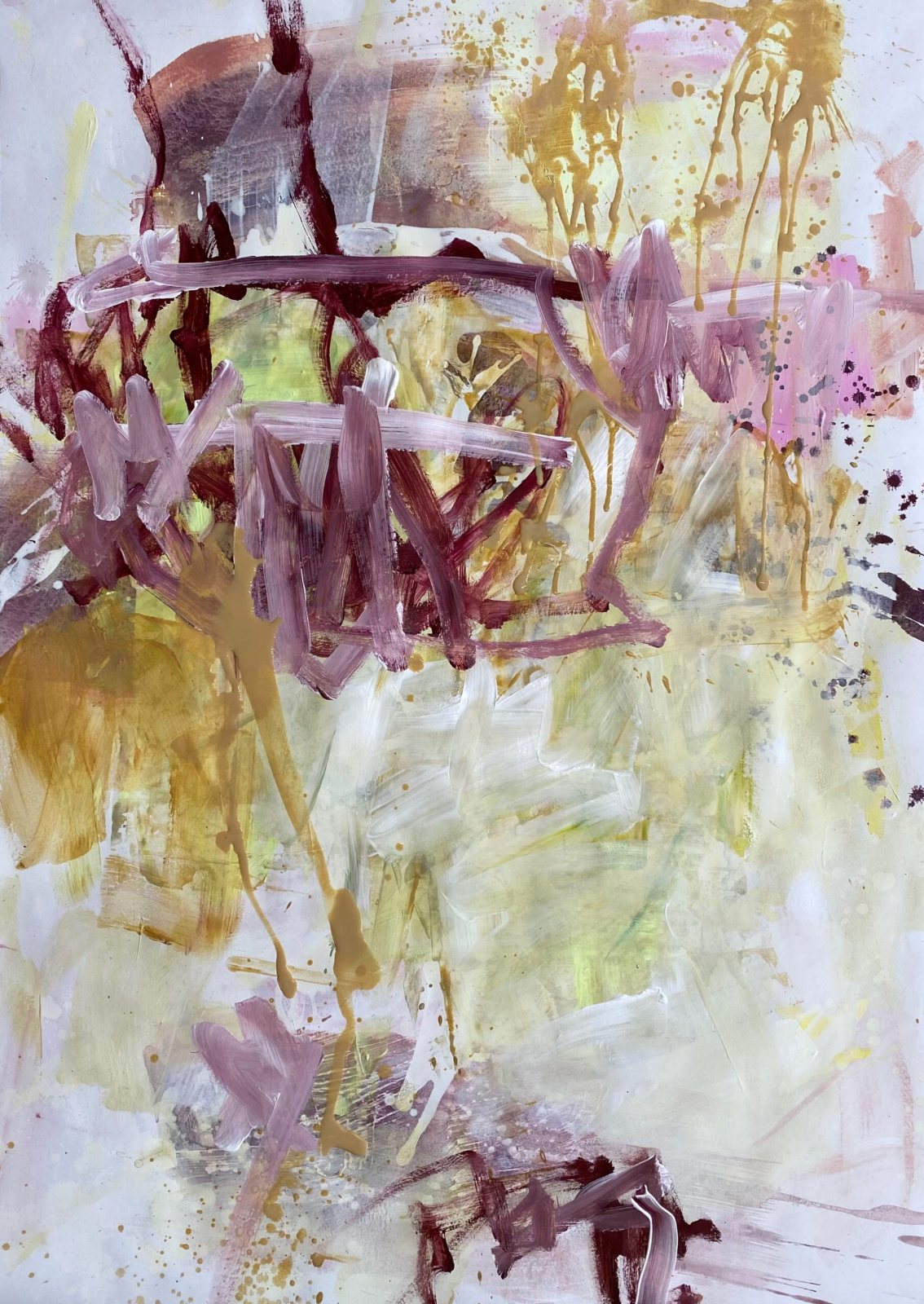 Annette Jetter, Chromatische Dialoge Nr. 6, Herbststimmung, abstraktes Acrylbild auf Papier in Ocker, Violett und Altrosa mit gitterartigen Pinselstrichen
