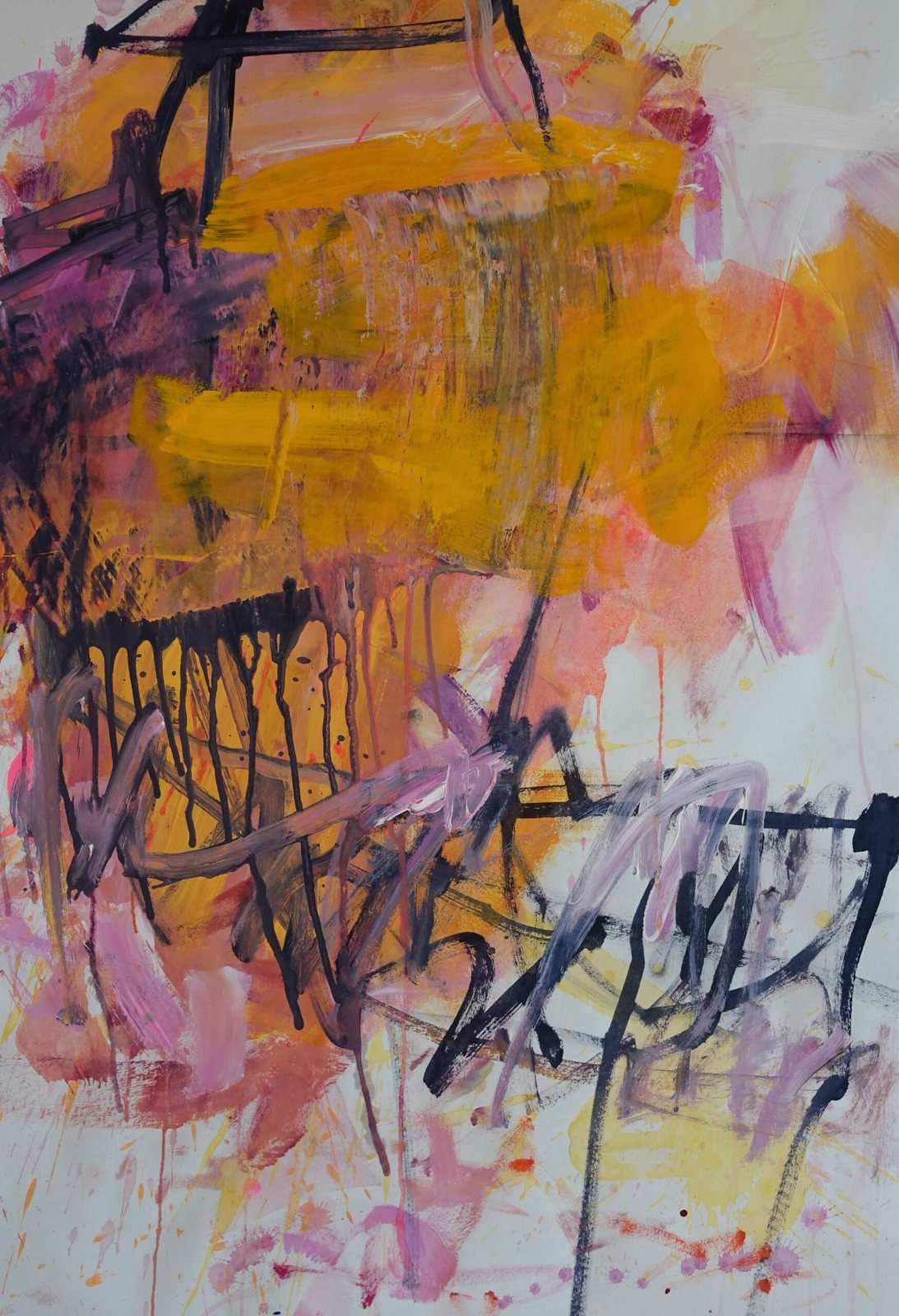 Annette Jetter, Chromatische Dialoge, Herbst, abstraktes Acrylbild auf Papier in Ocker und Orange, durchzogen von schwarzen Linien