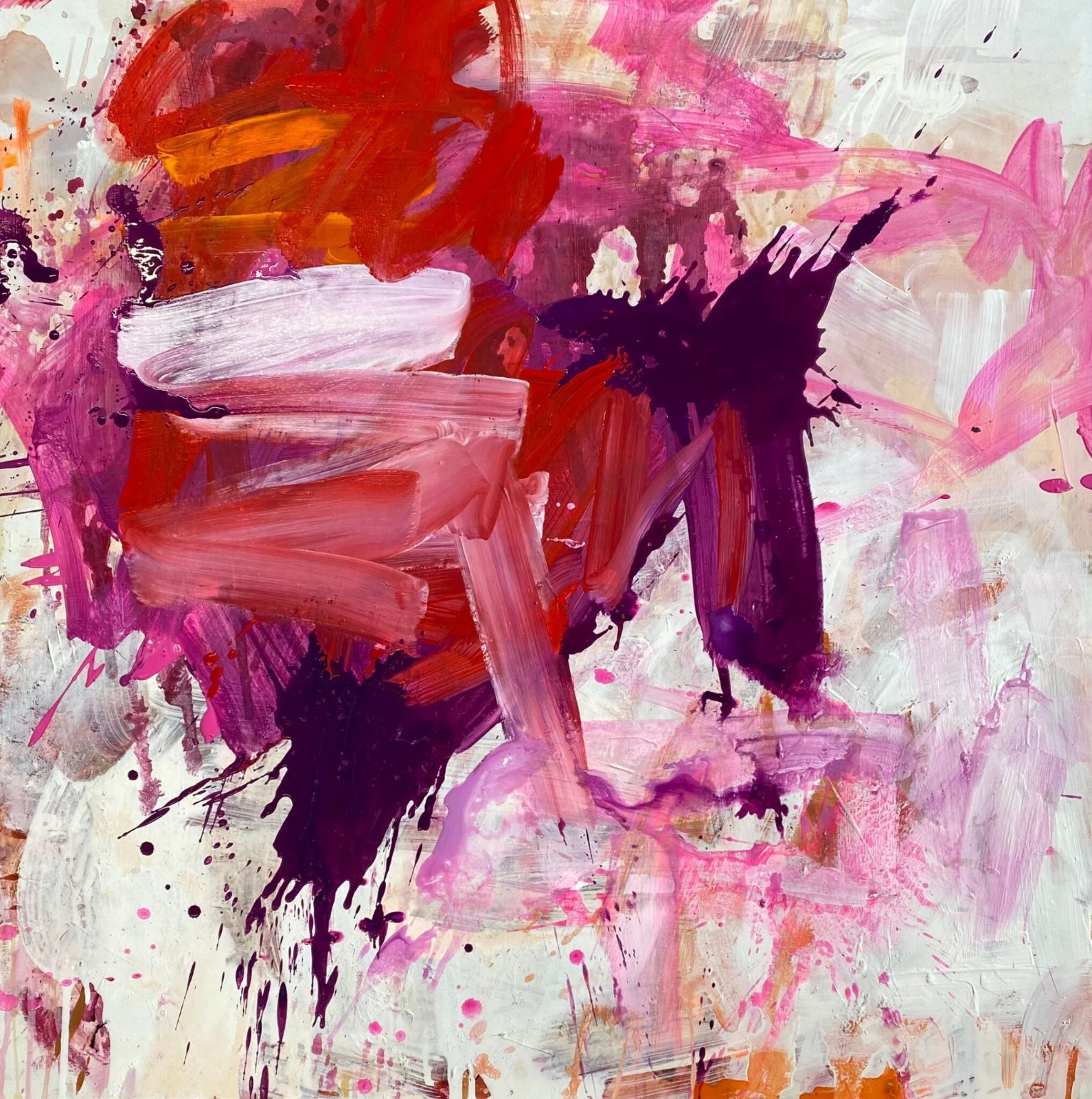 Annette Jetter, Chromatische Dialoge, More than red, abstraktes Acrylbild auf Holz mit kräftigem Rot, Pink und dunklem Violett auf hellem Grund