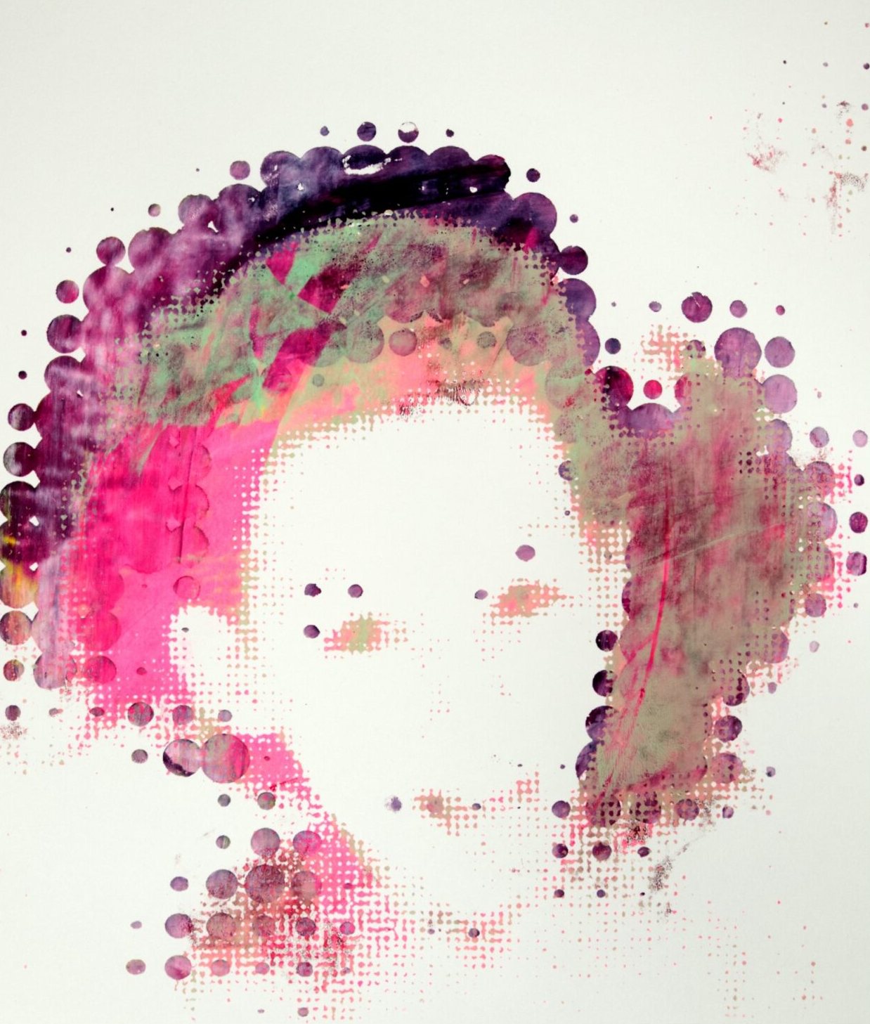 Annette Jetter, Like Einstein Nr. 4, Siebdruck eines Porträts in Rosa und Violett mit Punktraster