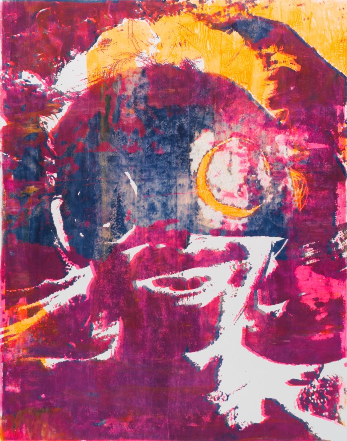 Annette Jetter, Supergirl Nr. 6, Siebdruck eines stilisierten Gesichts in Violett, Orange und Pink